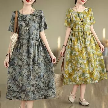 Летнее хлопковое льняное платье с ретро-принтом в этническом стиле, утягивающее талию, с короткими рукавами, повседневные платья для женщин M жёлтый