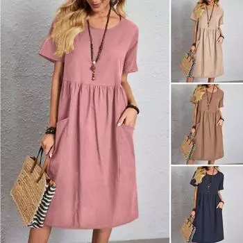 Летнее хлопковое льняное платье с круглым вырезом, короткими рукавами, карманами, плиссированное свободное платье для женщин, повседневные платья S розовый