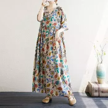 Летнее хлопковое льняное платье с V-образным вырезом, свободное, простое, в стиле отпуска, средней длины, для женщин average size