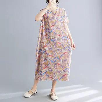 Летнее хлопковое льняное платье с асимметричным принтом в стиле пэчворк, свободное, с короткими рукавами M зелёный