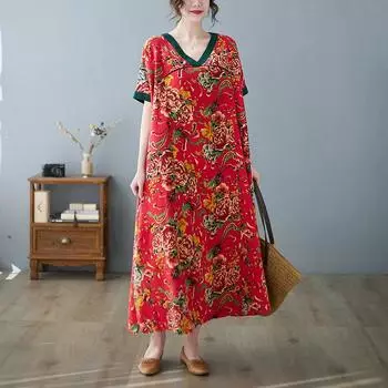 Летнее хлопковое льняное платье свободного покроя в стиле ретро с V-образным вырезом и короткими рукавами, утягивающее средней длины для женщин, платья one size