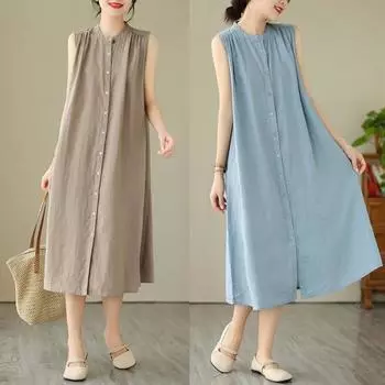 Летнее хлопковое льняное плиссированное длинное художественное простое платье-рубашка без рукавов для женщин повседневные платья M