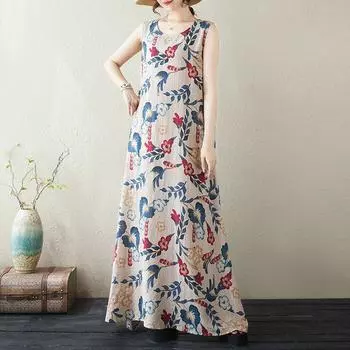 Летнее хлопковое льняное свободное платье в стиле отпуска без рукавов для женщин, повседневные платья M