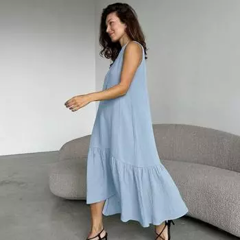 Летнее хлопковое женское свободное платье без рукавов, элегантная модная пижама, однотонные повседневные длинные платья с круглым вырезом и оборками по низу, мягкая женская одежда 1314 S синий