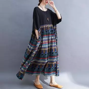 Летнее художественное платье большого размера с принтом и короткими рукавами, длинное женское платье One size