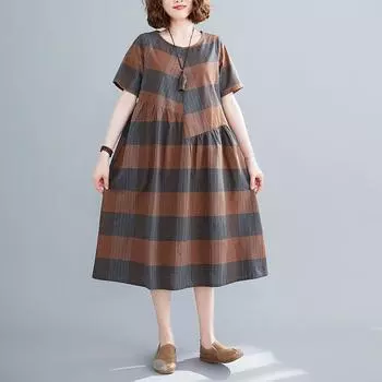 Летнее художественное платье большого размера из хлопка и пеньковой сетки с круглым вырезом и коротким рукавом, средней длины, для женщин M синий