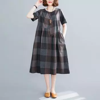 Летнее художественное платье большого размера из хлопка и пеньковой сетки с круглым вырезом и коротким рукавом, средней длины, для женщин M синий