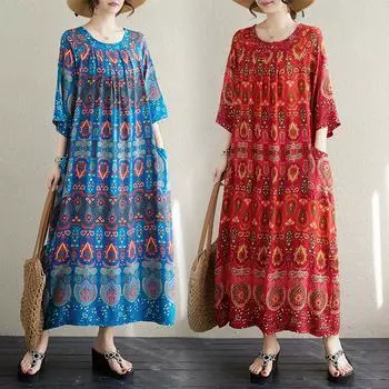 Летнее художественное ретро платье с большим принтом в этническом стиле, свободное платье-халат для детей, повседневные платья M синий