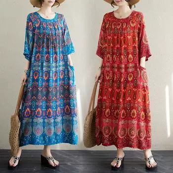 Летнее художественное ретро платье с большим принтом в этническом стиле, свободное платье-халат для детей, повседневные платья M синий