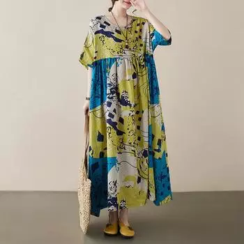 Летнее художественное ретро-платье с круглым вырезом и короткими рукавами с принтом для женщин One size