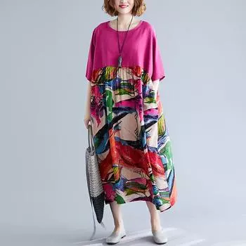 Летнее художественное ретро-платье с круглым вырезом и коротким рукавом с принтом и подвеской для женщин One size розы красного