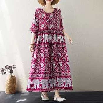 Летнее художественное ретро свободное большое бохо платье для женщин повседневные платья one size красный