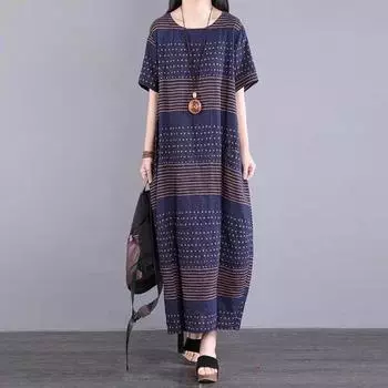 Летнее художественное ретро свободное круглое платье средней длины с короткими рукавами для женщин повседневные платья L синий