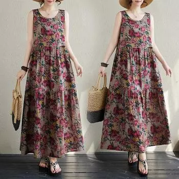 Летнее художественное ретро свободное платье без рукавов без рукавов А-силуэта для женщин повседневные платья M