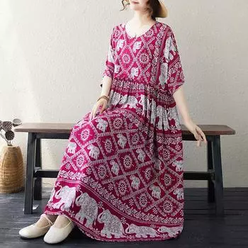 Летнее художественное ретро свободное платье больших размеров для женщин повседневные платья M красный