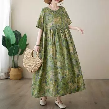 Летнее художественное ретро свободное платье с короткими рукавами и круглым вырезом с принтом для женщин повседневные платья M