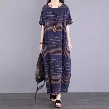 Летнее художественное ретро свободное платье с круглым вырезом и короткими рукавами средней длины для женщин L синий