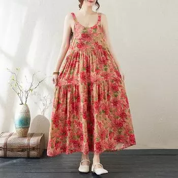 Летнее художественное ретро свободное платье-жилет без рукавов А-силуэта для женщин повседневные платья one size