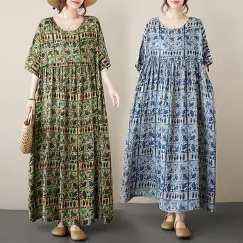 Летнее художественное ретро свободное повседневное платье с принтом средней длины с короткими рукавами для женщин повседневные платья M синий