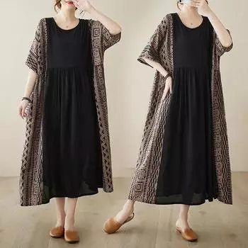 Летнее художественное ретро свободное утягивающее этническое платье с круглым вырезом и короткими рукавами контрастное платье для женщин повседневные платья M
