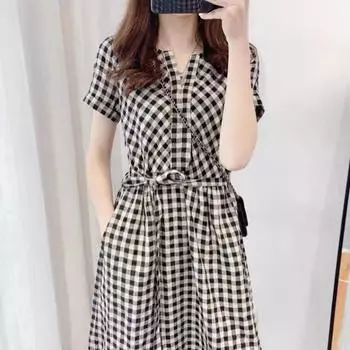 Летнее художественное свободное хлопковое конопляное сетчатое платье с V-образным вырезом и коротким рукавом средней длины для женщин M