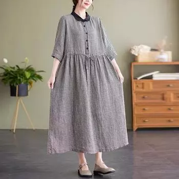 Летнее художественное свободное хлопковое пеньковое клетчатое воротниковое женское платье средней длины с пятью рукавами и талией M