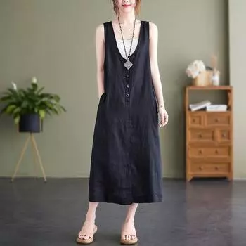 Летнее художественное свободное однотонное хлопковое конопляное платье с V-образным вырезом без рукавов для женщин средней и длинной длины M хаки