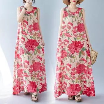 Летнее художественное свободное платье без рукавов с круглым вырезом и принтом средней длины для женщин, повседневные платья M