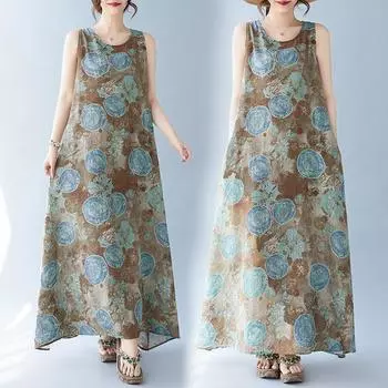 Летнее художественное свободное платье без рукавов с круглым вырезом и принтом средней длины для женщин, повседневные платья M