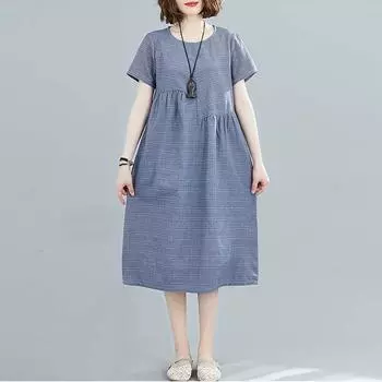 Летнее художественное свободное платье из хлопка и пеньковой сетки с круглым вырезом и короткими рукавами для женщин, средний или длинный стиль M красный