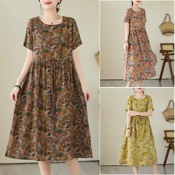 Летнее художественное свободное платье из хлопка и конопли с принтом, с короткими рукавами для женщин, средняя и длинная талия, коллекция повседневных платьев M жёлтый