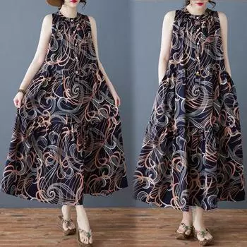 Летнее художественное свободное шифоновое платье с воротником-стойкой без рукавов средней длины для женщин, винтажные длинные платья с жилетом M