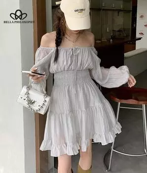 Летнее и осеннее новое платье в стиле ретро, женское серебристо-серое короткое платье с длинными рукавами S серый