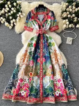 Летнее Элегантное Платье с V-образным Вырезом и Коротким Рукавом Женское Дизайнерское Винтажное Тонкое Платье На Шнуровке с Принтом Женская Франция Мода Натуральная Свободная Одежда Новая L зелёный