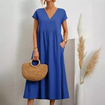 Летнее карманное хлопковое льняное платье с коротким рукавом и v-образным вырезом, женская элегантная модная белая, черная однотонная длинная одежда S синий