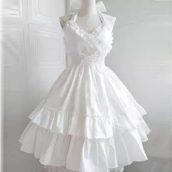 Летнее классическое элегантное платье на подтяжках Lolita Solid Kawaii Lolita Retro Soft Girl Tea Party Dress Suspender One Size чёрный