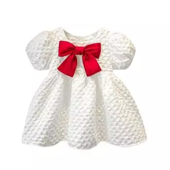 Летнее корейское платье для маленьких девочек, детское детское шикарное платье в стиле принцессы, милые свежие аксессуары с бантом, однотонное платье с короткими рукавами 80