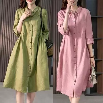 Летнее корейское свободное однотонное хлопково-льняное платье с рукавами 3/4, женские платья-рубашки средней длины M розовый