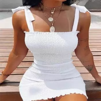 Летнее короткое платье с камзолом для женщин с принтом в одну линию с воротником плиссированные облегающие платья на бретельках без рукавов Элегантные женские вечерние клубные повседневные платья 273 S белый