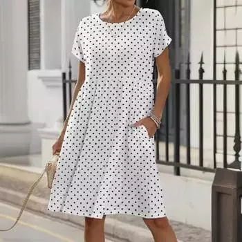 Летнее короткое платье с круглым вырезом и короткими рукавами, карманом в горошек, повседневные платья S белый