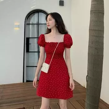 Летнее красное мини-платье в горошек, женские повседневные короткие платья с пышными рукавами, корейские модные халаты с квадратным воротником, женские M красный