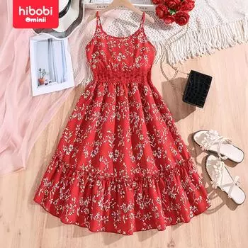 Летнее красное платье на талии с принтом на подтяжках для девочек hibobi подходит для детей 7-11 лет 7-8 Years красный