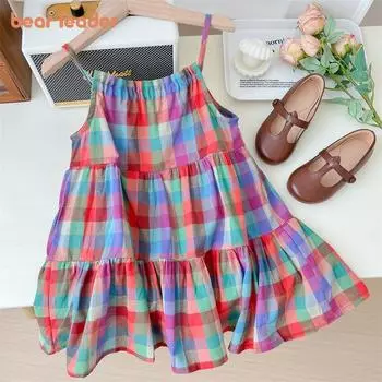 Летнее красочное камуфляжное платье в клетку для девочек Bear Leader, детская повседневная повседневная одежда для детей 2–7 лет AM3801 3T