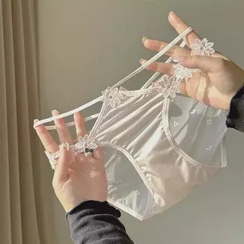 Летнее кружевное белье с заниженной талией из ледяного шелка и тонкими бретелями L (55-67.5 kg) зелёный