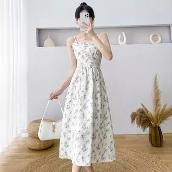 Летнее кружевное длинное платье с подтяжками, женское модное платье без рукавов с цветочным принтом XL синий