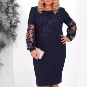 Летнее кружевное лоскутное принтованное женское платье больших размеров с длинными рукавами S синий