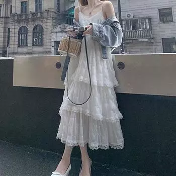 Летнее кружевное многослойное платье с рюшами на подтяжках, новое модное женское белое пляжное длинное платье трапециевидной формы для отдыха, новые женские элегантные плиссированные платья 798 S белый