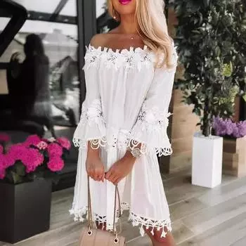 Летнее кружевное платье без бретелек с открытыми плечами Новое женское расклешенное платье с половиной рукавом Повседневное свободное белое короткое платье трапециевидной формы с вырезами Одежда 584 S белый