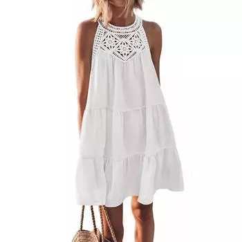 Летнее кружевное платье без рукавов, новая мода, женское свободное сплошное цветное элегантное мини-короткое платье трапециевидного размера больших размеров, женское вечернее платье с рюшами 770 S белый