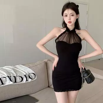 Летнее кружевное платье без рукавов с висячим вырезом и втягиванием талии Pure Desire Высокая талия с запахом Хип-юбка Тонкая плиссированная короткая юбка Модная женская одежда XXXL чёрный